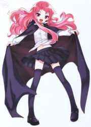 Rule 34 | 00s, 1girl, blouse, blue thighhighs, cape, fang, highres, holding, holding cape, holding clothes, long hair, long legs, louise francoise le blanc de la valliere, mary janes, navel, pentacle, pink eyes, pink hair, shirt, shoes, solo, standing, thighhighs, usatsuka eiji, white background, white shirt, zero no tsukaima, zettai ryouiki