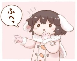 Rule 34 | 1girl, animal ears, black eyes, black hair, blush, buttons, coat, commentary request, floppy ears, fur-trimmed scarf, fur trim, gloves, inaba tewi, long sleeves, notice lines, outside border, pink background, pink gloves, pointing, pointing to the side, poronegi, rabbit ears, scarf, short hair, simple background, solid oval eyes, solo, standing, touhou, translation request, upper body, white scarf, winter clothes, winter coat