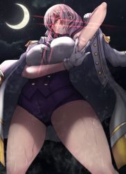 Rule 34 | 1girl, absurdres, arm up, armpits, breasts, buttons, crescent moon, from below, gloves, glowing, glowing eyes, gridman universe, highres, jacket, large breasts, moon, mujina, necktie, night, night sky, pink hair, red eyes, sky, ssss.dynazenon, star (sky), starry sky, sweat, thighs, tomodachi (tomofanart), uniform, white gloves