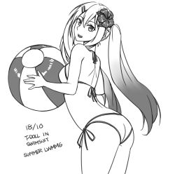 Rule 34 | 1girl, :d, arched back, ass, ball, bare arms, bare shoulders, beachball, bikini, breasts, character name, dated, flower, girls&#039; frontline, gradient hair, greyscale, hair between eyes, hair flower, hair ornament, hairclip, highres, holding, holding ball, leaning forward, long hair, looking at viewer, looking to the side, lwmmg (girls&#039; frontline), monochrome, multicolored hair, ndtwofives, open mouth, side-tie bikini bottom, simple background, small breasts, smile, solo, string bikini, swimsuit, teeth, twintails, upper teeth only, very long hair, white background