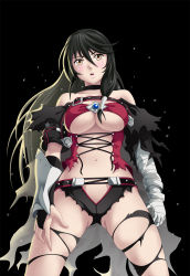 Rule 34 | 1girl, asymmetrical clothes, bandages, black hair, blush, breasts, choker, highres, large breasts, long hair, parted lips, tales of (series), tales of berseria, thor (deep rising), torn clothes, velvet crowe, yellow eyes
