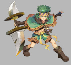 1boy bare_legs boots capelet closed_mouth earrings elbow_gloves elk_(ys) fighting_stance fingerless_gloves full_body fur_trim gloves green_capelet green_eyes green_hair green_shorts green_socks grey_background headband highres holding holding_weapon horn_ornament horns huge_weapon jewelry leather leather_bag leather_boots leather_gloves looking_at_viewer male_focus midriff multicolored_hair necklace official_art outstretched_arms shorts simple_background smile socks solo song26929 streaked_hair weapon ys ys_altago ys_seven