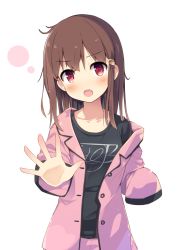 Rule 34 | 1girl, brown eyes, brown hair, hair ornament, hairclip, highres, long hair, looking at viewer, masaki (machisora), open mouth, original, simple background, sleeves past wrists, solo, white background
