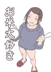 Rule 34 | 1girl, black hair, blue sweater, blush stickers, bottomless, bowl, closed eyes, female focus, female pubic hair, from above, hair ornament, hairclip, highres, holding, holding bowl, original, pubic hair, rice, shimokori, simple background, slippers, solo, standing, sweater, turtleneck, turtleneck sweater, white background