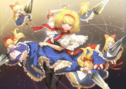 Rule 34 | 1girl, absurdres, alice margatroid, apron, blonde hair, blue eyes, bow, capelet, dress, glint, hair bow, hairband, highres, jewelry, kanta (pixiv9296614), lance, looking at viewer, polearm, ring, sash, shanghai doll, short hair, solo, sparkle, touhou, weapon