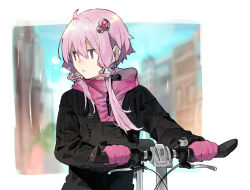 Rule 34 | 1girl, bicycle, black coat, blurry, blurry background, building, coat, commentary, gloves, hair ornament, hair tubes, hitogome, hood, hooded coat, looking to the side, purple eyes, purple gloves, purple hair, short hair with long locks, sidelocks, solo, upper body, vocaloid, voiceroid, yuzuki yukari
