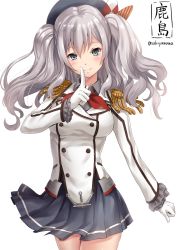 Rule 34 | 10s, 1girl, anchor symbol, blue eyes, blush, character name, cowboy shot, epaulettes, finger to mouth, frilled sleeves, frills, gloves, kantai collection, kashima (kancolle), long hair, looking at viewer, military, military uniform, pleated skirt, sakiyamama, shushing, silver hair, simple background, skirt, smile, solo, tsurime, twintails, twitter username, uniform, wavy hair, white background, white gloves