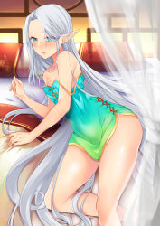 Rule 34 | 1girl, absurdres, bare shoulders, blue eyes, breasts, cleavage, elf, gold trim, highres, indoors, long hair, official art, on bed, pajamas, parted bangs, pillow, pointy ears, silver hair, small breasts, solo, strap slip, very long hair, yumari nakura