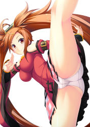 Rule 34 | 1girl, ass, bare legs, china dress, chinese clothes, detached sleeves, dress, guilty gear, guilty gear xrd, hair ornament, hairclip, high kick, kicking, kuradoberi jam, leg up, looking at viewer, matching hair/eyes, orange eyes, orange hair, outstretched arm, panties, simple background, smile, solo, twintails, underwear, upskirt, white panties, yuntea
