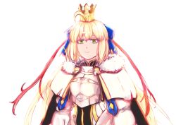 Rule 34 | 1girl, absurdres, ahoge, armor, artoria caster (fate), artoria caster (third ascension) (fate), artoria pendragon (fate), blonde hair, bow, breastplate, breasts, cape, commentary, crown, english commentary, fate/grand order, fate (series), fur-trimmed cape, fur trim, green eyes, hair bow, highres, long hair, long sleeves, looking at viewer, nickfluff, simple background, smile, solo, white background