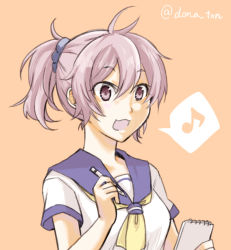 Rule 34 | 10s, 1girl, ahoge, aoba (kancolle), bad id, bad pixiv id, kantai collection, long hair, messy hair, miso dengaku (donadonaton), musical note, neckerchief, notepad, open mouth, orange background, pencil, ponytail, purple eyes, purple hair, quaver, sailor collar, scrunchie, shirt, simple background, solo, speech bubble, spoken musical note, twitter username