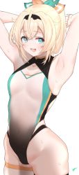Rule 34 | 1girl, arms behind head, blonde hair, blue eyes, breasts, c@rbon, cleavage cutout, clothing cutout, commentary request, cowboy shot, gradient swimsuit, hair ribbon, highres, hololive, kazama iroha, looking at viewer, ponytail, ribbon, simple background, small breasts, smile, solo, standing, virtual youtuber, white background