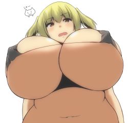 Rule 34 | 1girl, absurdres, bikini, blonde hair, breasts, brown eyes, cleavage, covered erect nipples, highres, huge breasts, nitroplus, plump, solo, super pochaco, swimsuit, thick thighs, thighs, twintails, wide hips