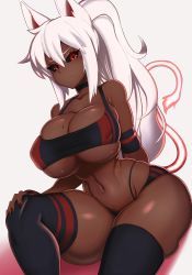 Rule 34 | 1girl, absurdres, animal ears, armband, black nails, black sclera, breasts, cat ears, cat girl, cat tail, choker, cleavage, coco (bakeneko), colored sclera, commission, covered erect nipples, curvy, dark-skinned female, dark skin, frown, hair between eyes, highres, huge breasts, long hair, mole, mole on breast, mole under eye, nail polish, original, ponytail, red eyes, solo, sports bikini, standby, stomach, tail, thick thighs, thighhighs, thighs, toned, underboob, very long hair, white hair