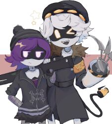 Rule 34 | 1boy, 1girl, beanie hat, blush, choker, claws, coat, glitch productions, gun, hat, highres, murder drones, n (murder drones), one eye closed, purple eyes, purple hair, rifle, robot, size difference, tail, uzi (murder drones), weapon, wink