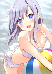 Rule 34 | 1girl, :d, arched back, bad id, bad pixiv id, ball, bare arms, bare shoulders, beach, beachball, bikini, bikini skirt, blue eyes, blush, breasts, cleavage, collarbone, commentary request, cowboy shot, day, halterneck, head tilt, highres, holding, holding ball, leaning forward, long hair, looking at viewer, medium breasts, ocean, open mouth, original, outdoors, sasha chii, sidelocks, signature, silver hair, smile, solo, standing, swimsuit, tareme, teeth, transparent, upper teeth only, water, white bikini