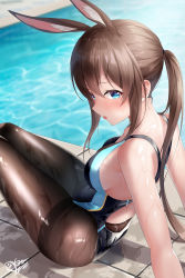 Rule 34 | 1girl, amiya (arknights), animal ears, arknights, black pantyhose, blue eyes, blush, breasts, brown hair, competition swimsuit, day, hair between eyes, highres, large breasts, long hair, looking at viewer, one-piece swimsuit, outdoors, pantyhose, pantyhose under swimsuit, photoshop (medium), ponytail, pool, poolside, rabbit ears, shirosaba, sidelocks, sitting, solo, swimsuit, thighband pantyhose, wet
