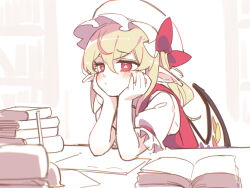 Rule 34 | 1girl, asutora, blonde hair, blush, book, bored, closed mouth, crystal, flandre scarlet, frilled sleeves, frills, hair between eyes, hat, long hair, mob cap, one side up, open book, pointy ears, red eyes, red vest, shirt, short sleeves, solo, touhou, upper body, vest, white hat, white shirt, wings