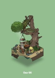 Rule 34 | campfire, commentary request, cooking, diorama, eating, food, gozz, green background, highres, holding, holding food, isometric, jewelry, meat, original, palm leaf, pot, simple background, sitting, spitroast, tree, treehouse