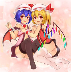 Rule 34 | 2girls, ass, babydoll, bad id, bad pixiv id, bat wings, black legwear, black wings, blonde hair, blue hair, crystal, detached collar, fang, flandre scarlet, full body, holding hands, hat, hat ribbon, highres, interlocked fingers, knees up, looking at viewer, mob cap, multiple girls, no panties, no shoes, off shoulder, one side up, open mouth, red eyes, remilia scarlet, ribbon, short hair, siblings, sisters, sitting, smile, thighhighs, touhou, white legwear, wings, wrist cuffs, yangshangshu