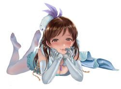 Rule 34 | 1girl, bare shoulders, blush, breasts, brown hair, cleavage, commentary request, dress, elbow gloves, foreshortening, frills, gloves, hair ornament, hamedoragon, has bad revision, has cropped revision, idol, idolmaster, idolmaster cinderella girls, jewelry, long hair, looking at viewer, lying, md5 mismatch, medium breasts, necklace, nitta minami, no shoes, on stomach, pantyhose, puckered lips, pure white memories, resolution mismatch, revision, smile, solo, source smaller, sparkle, the pose, white background, white pantyhose