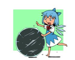 Rule 34 | 1girl, barefoot, blue dress, blue eyes, blue hair, bow, cirno, darkness, dress, frozen, hair bow, hair ornament, ice, ice wings, matching hair/eyes, onikobe rin, open mouth, puffy sleeves, ribbon, rolling, rumia, rumia (darkness), shirt, short hair, short sleeves, smile, solo, touhou, wings