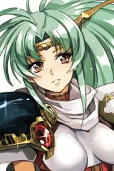 Rule 34 | 1girl, angelina (langrisser), aqua hair, armor, breasts, brown eyes, cape, glint, gold trim, green hair, hungry clicker, langrisser, long hair, parted lips, pauldrons, ponytail, retro artstyle, shoulder armor, simple background, smile, solo, upper body, white background