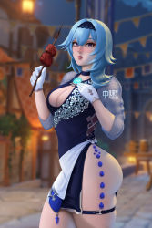 Rule 34 | 1girl, ass, blue dress, blue hair, breasts, building, casual, cleavage, cowboy shot, dress, eating, eula (genshin impact), food, food on face, genshin impact, gloves, hairband, hand on own chest, holding, holding food, iury padilha, lips, looking at viewer, medium breasts, night, night sky, nose, short dress, sky, standing, thigh strap, thighs, vision (genshin impact), watermark, white gloves