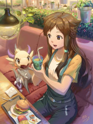 Rule 34 | 1girl, absurdres, belt, booth seating, breasts, brown eyes, brown hair, burger, couch, creature, cup, dated, drinking glass, drinking straw, food, fork, french fries, glass, handkerchief, highres, holding, holding cup, holding drinking glass, hooh lin, horns, ketchup, long hair, mcdonald&#039;s, medium breasts, open mouth, original, overalls, pants, plant, plate, potted plant, short sleeves, shorts, signature, sitting, smile, suspender shorts, suspenders, table
