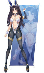 Rule 34 | 1girl, absurdres, animal ears, bare shoulders, black hair, black pantyhose, blush, breasts, center opening, cleavage, detached collar, detached sleeves, earrings, fake animal ears, fate/grand order, fate (series), full body, gold trim, hair ribbon, high heels, highleg, highleg leotard, highres, hoop earrings, ishtar (fate), jewelry, kurozawa yui, large breasts, leotard, long hair, looking at viewer, navel, pantyhose, parted bangs, playboy bunny, rabbit ears, red eyes, ribbon, single detached sleeve, smile, solo, two side up, white leotard, wrist cuffs