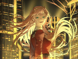 Rule 34 | 1girl, arms behind back, breasts, building, darling in the franxx, floating hair, from side, green eyes, highres, holding own arm, horn hairband, jacket, long hair, long sleeves, looking at viewer, looking to the side, medium breasts, open mouth, pink hair, red jacket, skyscraper, smile, solo, upper body, zero two (darling in the franxx), zuraa (naunau seijin)