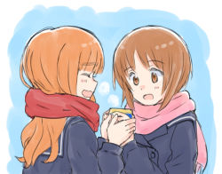 Rule 34 | 2girls, blue jacket, blunt bangs, brown eyes, brown hair, buttons, closed eyes, coffee cup, commentary, cup, disposable cup, double-breasted, enpera, fringe trim, girls und panzer, holding, holding cup, holding hands, jacket, long hair, looking at another, multiple girls, mutsu (layergreen), nishizumi miho, ooarai school uniform, open mouth, orange hair, pink scarf, red scarf, sailor collar, scarf, school uniform, short hair, smile, steam, takebe saori, upper body, winter clothes, winter uniform