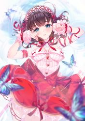 Rule 34 | 1girl, :o, arm garter, arm ribbon, blue butterfly, blurry, blurry foreground, blush, breasts, brown hair, bug, butterfly, depth of field, frilled hairband, frills, hairband, highres, idolmaster, idolmaster cinderella girls, idolmaster cinderella girls starlight stage, insect, jewelry, key, key necklace, looking at viewer, lying on water, medium breasts, neck ribbon, necklace, red ribbon, ribbon, sakuma mayu, solo, sutoroa, wrist cuffs