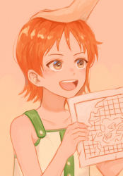 Rule 34 | 1girl, :d, aged down, bare arms, bin (binonep), brown eyes, child, collarbone, highres, holding, holding map, map, nami (one piece), one piece, open mouth, orange hair, pink background, shirt, short hair, sleeveless, sleeveless shirt, smile, solo focus, straight hair, white shirt