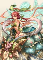 Rule 34 | 10s, 1girl, bare shoulders, breasts, flower, granblue fantasy, hair flower, hair ornament, highres, i-la, leaf, leaf on head, long hair, looking at viewer, low twintails, navel, plant girl, red hair, solo, twintails, very long hair, yellow eyes, yggdrasill (granblue fantasy)