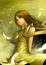 Rule 34 | 1girl, breasts, brown eyes, brown hair, dress, feathers, frown, highres, long hair, mishima reika, rahxephon, scarf, sleeveless, sleeveless dress, small breasts, solo, standing, white feathers, yellow background, yellow dress, yellow scarf, zerogyakuten