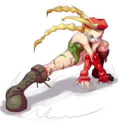 Rule 34 | 1girl, ahoge, antenna hair, bad id, bad pixiv id, beret, blonde hair, blue eyes, boots, braid, cammy white, capcom, fingerless gloves, gloves, hat, king of unlucky, legs, legs apart, leotard, solo, stance, street fighter, twin braids, wide stance