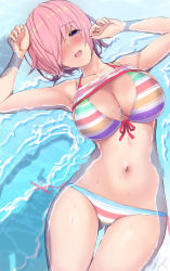 Rule 34 | 1girl, bare shoulders, bikini, blush, breasts, cleavage, fate/grand order, fate (series), hair over one eye, highres, large breasts, light purple hair, looking at viewer, mash kyrielight, mash kyrielight (swimsuit of perpetual summer ver.02), navel, official alternate costume, open mouth, purple eyes, rainbow bikini, see-through, short hair, smile, solo, striped bikini, striped clothes, swimsuit, thighs, untue