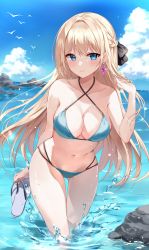 Rule 34 | 1girl, bare arms, bare shoulders, bikini, blonde hair, blue bikini, blue eyes, bow, braid, breasts, cleavage, closed mouth, collarbone, criss-cross halter, day, earrings, glint, gluteal fold, hair bow, halterneck, hand up, highres, jewelry, large breasts, long hair, looking at viewer, mayo (miyusa), multi-strapped bikini, navel, ocean, original, outdoors, slippers, smile, solo, standing, stomach, string bikini, swimsuit, thighs, very long hair, wading, water