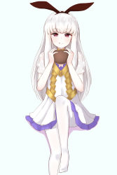 Rule 34 | 1girl, :q, animal ears, chirun0, closed mouth, cosplay, fake animal ears, fire emblem, fire emblem: three houses, fire emblem heroes, highres, holding, long hair, lysithea von ordelia, nintendo, pink eyes, rabbit ears, see-through, see-through sleeves, simple background, smile, solo, tongue, tongue out, veronica (fire emblem), veronica (fire emblem) (cosplay), white hair, white legwear