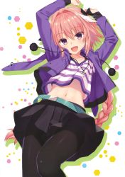 Rule 34 | 1boy, :d, absurdres, androgynous, arms up, astolfo (fate), astolfo (memories at trifas) (fate), belt, black bow, black pantyhose, black skirt, blunt bangs, bow, braid, collarbone, crossdressing, fate/grand order, fate (series), hair between eyes, hair bow, highres, jacket, long hair, male focus, midriff, miniskirt, muririn, navel, official alternate costume, open clothes, open jacket, open mouth, pantyhose, pink hair, pleated skirt, ponytail, purple eyes, purple jacket, shirt, single braid, skirt, smile, solo, stomach, striped clothes, striped shirt, trap, very long hair, white background