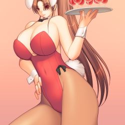 Rule 34 | 1girl, animal ears, bare shoulders, breasts, brown hair, curvy, fake animal ears, fatal fury, female focus, huge breasts, konekonewasabii, leotard, long hair, playboy bunny, ponytail, rabbit ears, rabbit tail, red eyes, shiranui mai, simple background, snk, solo, standing, tail, the king of fighters, waitress