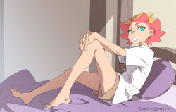 Rule 34 | 1girl, amanda o&#039;neill, arikindows10, artist name, barefoot, bed, blue eyes, feet, full body, little witch academia, looking at viewer, multicolored hair, on bed, orange hair, red hair, short hair, sitting, smile, solo, teeth, witch
