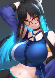 Rule 34 | 1girl, :o, arm up, armlet, armpits, bare shoulders, black choker, black hair, black shorts, blue hair, blue jacket, blue shirt, breasts, choker, collarbone, covered erect nipples, criss-cross halter, crop top, cropped jacket, glasses, gloves, glowing, glowing hair, gradient background, groin, halterneck, highres, jacket, large breasts, long hair, long sleeves, looking at viewer, midriff, multicolored hair, navel, open clothes, open jacket, open mouth, original, red-framed eyewear, revision, shirt, shorts, sidelocks, sleeveless, sleeveless shirt, solo, stomach, tank top, two-tone hair, upper body, white gloves, xiujia yihuizi, yellow eyes