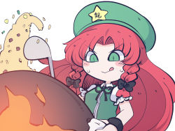 Rule 34 | 1girl, :&gt;, :q, bow, braid, chahan (fried rice0614), green eyes, hat, hat ornament, hong meiling, long hair, one-hour drawing challenge, red hair, simple background, solo, star (symbol), star hat ornament, tongue, tongue out, touhou, v-shaped eyebrows, white background
