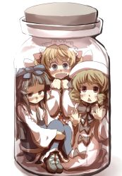 Rule 34 | 3girls, bow, commentary request, drill hair, female focus, gaoo (frpjx283), hair bow, highres, in container, in jar, jar, long hair, luna child, mini person, minigirl, multiple girls, short hair, star sapphire, sunny milk, touhou, trapped, wavy mouth, wings