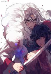 Rule 34 | 2boys, alternate form, black hair, blood, blood from mouth, blood on face, blood on hands, brothers, brown eyes, crescent moon symbol, facial mark, forehead mark, holding, injury, inuyasha, inuyasha (character), inuyasha (human), long hair, male focus, multiple boys, parted bangs, pointy ears, sesshoumaru, siblings, simple background, sukja, sword, unconscious, weapon, white background, white hair, yellow eyes