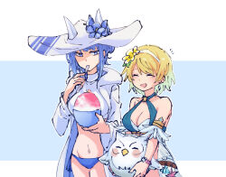 Rule 34 | 2girls, alonemistrist, bare shoulders, bikini, blonde hair, blue bikini, blue eyes, blue hair, bowl, breasts, character doll, cleavage, closed eyes, commentary, earrings, english commentary, feh (fire emblem heroes), fire emblem, fire emblem heroes, fjorm (fire emblem), fjorm (summer) (fire emblem), flower, food, hair flower, hair ornament, hairband, hat, holding, holding bowl, holding spoon, jacket, jewelry, looking at another, multiple girls, navel, nifl (fire emblem), nifl (summer) (fire emblem), nintendo, official alternate costume, open clothes, open jacket, open mouth, shaved ice, short hair, spoon, swimsuit, utensil in mouth, white hairband, white hat, white jacket