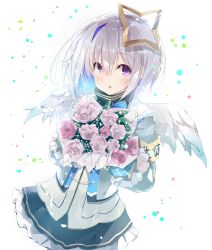 Rule 34 | 1girl, absurdres, amane kanata, armband, bad id, bad pixiv id, black shirt, black skirt, blue hair, blush, bob cut, bouquet, colored inner hair, commentary request, feathered wings, flower, frilled skirt, frills, grey jacket, hair between eyes, halo, high collar, highres, holding, holding bouquet, hololive, jacket, multicolored hair, noto kurumi, parted lips, pink flower, pink rose, purple eyes, rose, shirt, silver hair, single hair intake, skirt, solo, star halo, two-tone hair, virtual youtuber, white background, white wings, wings