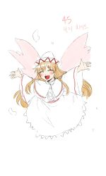 Rule 34 | 1girl, ^ ^, absurdres, blonde hair, blush, buttons, capelet, center frills, closed eyes, commentary request, derivative work, dress, fairy, fairy wings, frilled dress, frills, full body, happy, hat, highres, korean commentary, kuya (hey36253625), lily white, long hair, long sleeves, open mouth, outstretched arms, pink sash, sash, simple background, touhou, translation request, very long hair, white background, white capelet, white dress, white hat, wide sleeves, wings